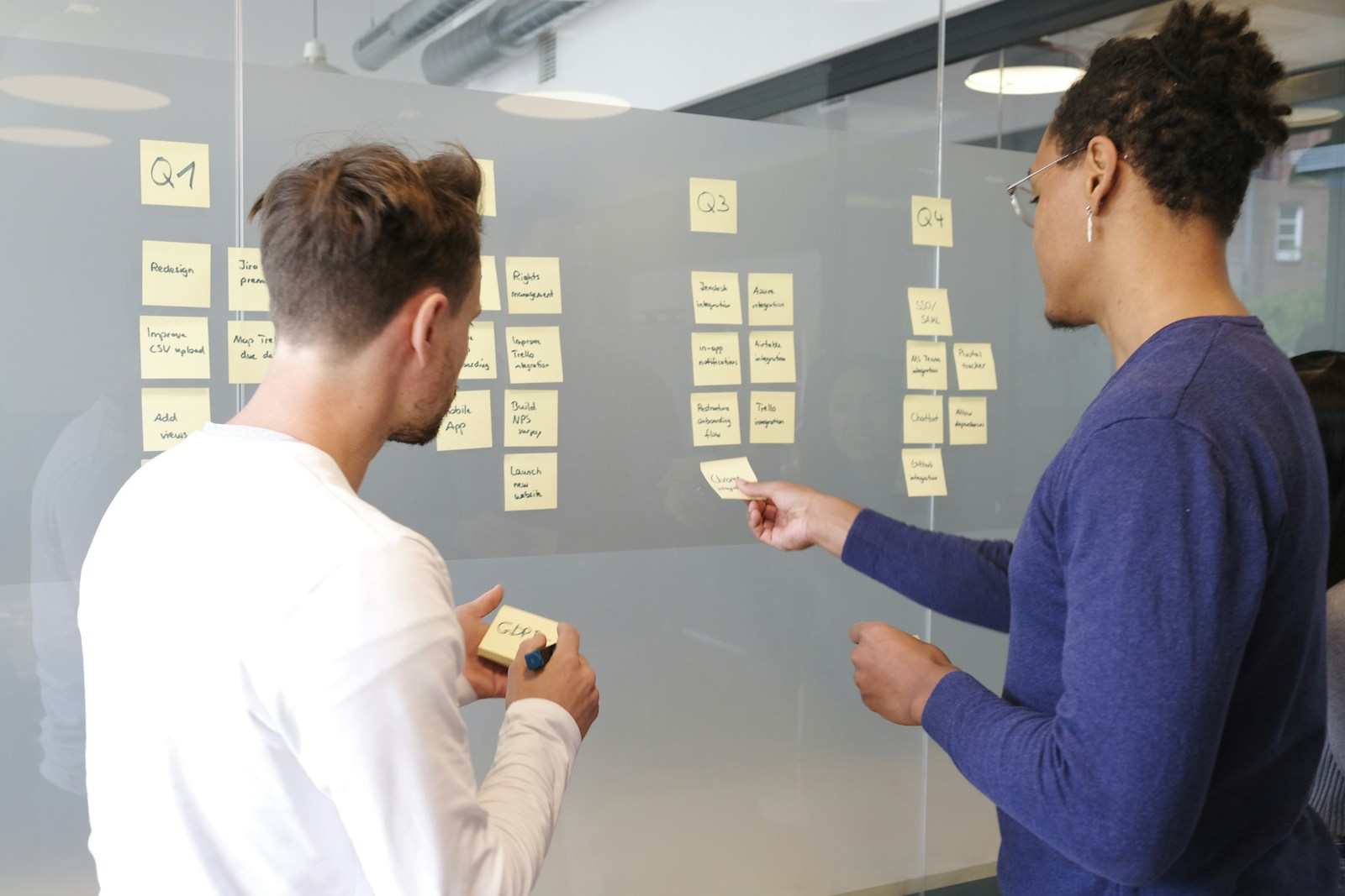 Two people planning at a wall of notes